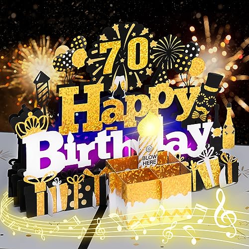 Geburtstagskarte, Musikalische Geburtstagskarten zum 70. mit Licht und Musik, Blowable Kerze 3D Geburtstag Pop Up Karte, Blow Out LED Licht Kerze und spielen alles Gute zum Geburtstag-Schwarz Gold von OSOMEPOP