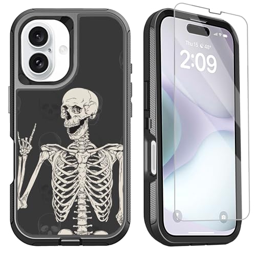 OTTARTAKS Schutzhülle für iPhone 16 Plus, mit Displayschutzfolie, Rock-and-Roll-Skelett-Design, robuste, stoßfeste Schutzhülle für iPhone 16 Plus 17 cm (6,7 Zoll), Totenkopf-Hippie-Design von OTTARTAKS