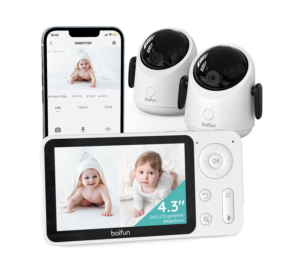 Boifun Video-Babyphone WLAN Babyphone mit Kamera 4,3 Zoll 2MP HD Video Babyfon mit App, IR Nachtsicht Zwei Wege Audio 360 Gard Temperaturüberwachung, 4×Digitalzoom Bewegungsverfolgung Weinen/Bewegungs/Geräuscherkennung, Unterstützt Mehrere Schlaflieder zum Aufrufen mit einem Klick von Boifun