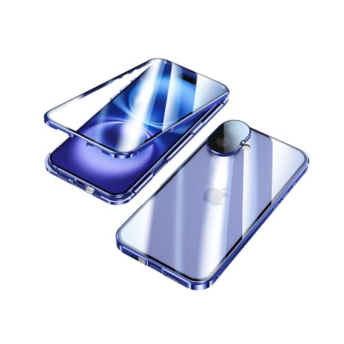 OUBELI Hülle für iPhone 16 Plus Magnetische Adsorption Handyhülle 360 Grad Beidseitig Schutz transparent Handyhülle Vorne hinten Gehärtetes Glas Schutzhülle Metallrahmen Case. Blau von OUBELI