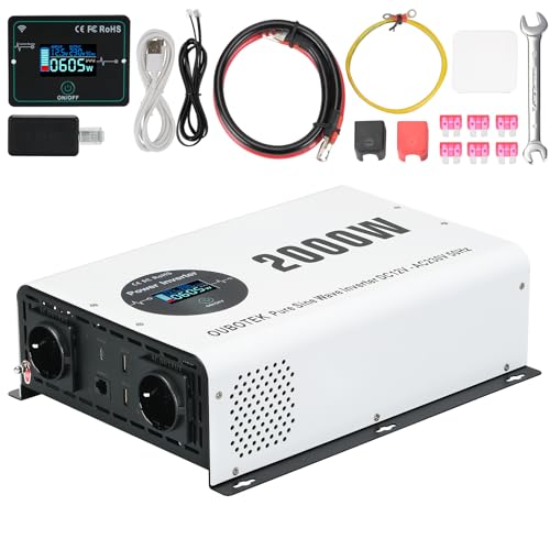 OUBOTEK Wechselrichter 2000W / 4000W Reiner Sinus DC 12V auf AC 230V mit Drahtloser Fernbedienung LCD-Anzeige 2 AC-Steckdosen 2 USB A und 1 Type C, spannungswandler für Wohnmobil Zuhause Off Grid von OUBOTEK