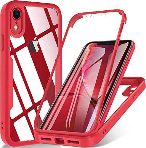 OWKEY Hülle für iPhone XR, 360 Grad Ganzkörper Schutzhülle mit eingebautem Displayschutz, Stoßfeste Handyhülle Case Cover für iPhone XR, 6,1 Zoll, Rot von OWKEY