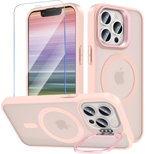 OWKEY Magnetisch für iPhone 13 Pro Hülle mit Ständer,Durchscheinend Matt Schutzhülle mit Panzer Schutz Glas,Kompatibel mit MagSafe,Militär Stoßfest Handyhülle für iPhone 13 Pro,Rosa von OWKEY