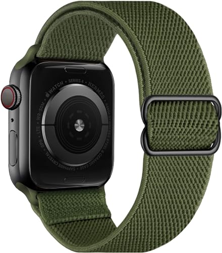 Stretchy Elastische verstellbare Bänder Kompatibel mit Apple Watch 7 45 mm 42 mm 44 mm, Nylon Solo Loop Geflochtene Dehnungen Sport Frauen Männer Armband für iWatch SE,Military Green von OXWALLEN