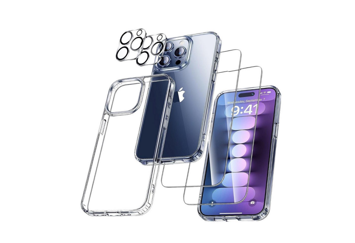 OYLCDI Smartphone-Hülle 5-in-1-Set für iPhone 15 pro Hülle, [Nie Vergilbung] Handyhülle 1 Handyhülle mit 2 Stück Panzer Schutz Glas, 2 Stück Objektivschutzfolie, Dünn Transparent Stoßfest Schutzhülle Kratzfest Case von OYLCDI