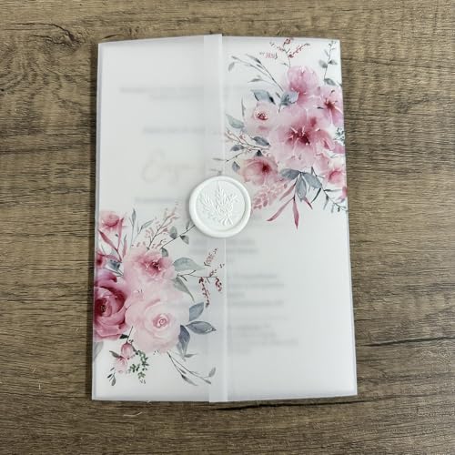 Blanko Kraft-Papier Karten Inkl ROSA Blumen-Pergamentpapier, geeignet for eine 5 x 7 Hochzeitseinladung Pergamentmantel-Karten(80pcs) von OZLCUA