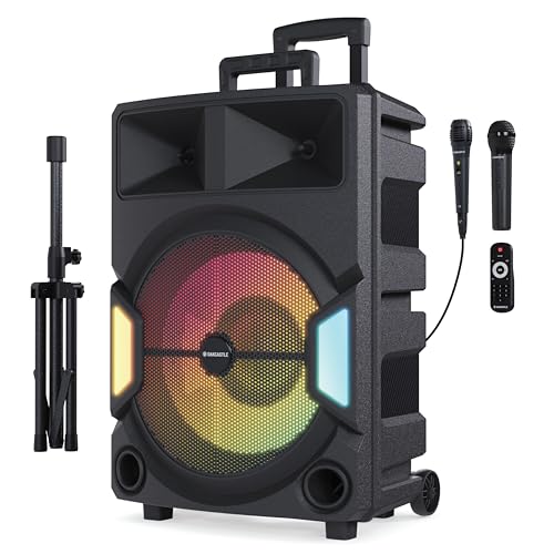 Tragbarer Partybox Bluetooth Lautsprecher | 150W Leistung und 6H Batterie| Karaoke Maschine mit 2 Mikrofonen, Xtra Bass, und LED-Licht | USB, AUX IN Micro SD Anschlussmöglichkeit | Oakcastle PS500 von Oakcastle