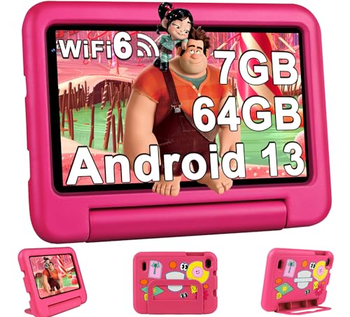 2024 Kinder Tablets 7 Zoll FHD Android 13 OS Wi-Fi 6 Bluetooth 5.0, 7 GB RAM+ 64 GB ROM(TF 1TB) GMS-Zertifizierung | Elterliche Kontrolle | 3500mAh | AR Erkennungs-Tierkarten | Eva-Schutzhülle-Rosa von Oangcc