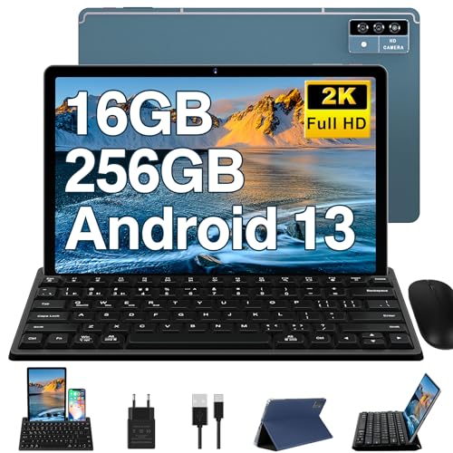 Oangcc 2024 Tablet 11 Zoll Android 13 OS 16GB RAM+256GB ROM(TF 1 TB), 8600mAh, 5G +2.4G WLAN, 8 Core 2.0 GHz | GMS Zertifizierung | 5+13MP | BT 5.0 | Kabellose Tastatur mit Aussparung+Fall -Blau von Oangcc