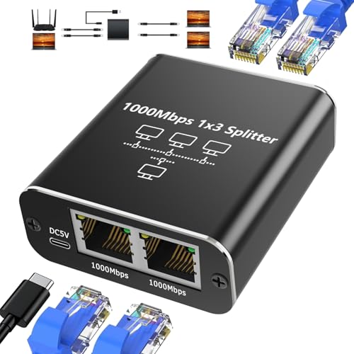 Oblinple LAN Splitter 1 auf 3, 1000Mbps RJ45 Netzwerk Switch, Gigabit Ethernet Verteiler 3 Port Mit USB Stromkabel, Internet Adapter für Computer, Hub, Router, ADSL, Set-Top Box, Digital TV, et von Oblinple