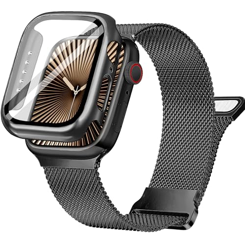 Ocaer Kompatibel mit Apple Watch 10 Armband+Hülle 46mm, Metall Magnetisch iWatch Armband mit Bildschirmschutz für Apple Watch Series 10, Edelstahl Milanese Loop Band (Schwarz, 46mm) von Ocaer