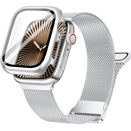 Ocaer Kompatibel mit Apple Watch 10 Armband+Hülle 46mm, Metall Magnetisch iWatch Armband mit Bildschirmschutz für Apple Watch Series 10, Edelstahl Milanese Loop Band (Silber, 46mm) von Ocaer