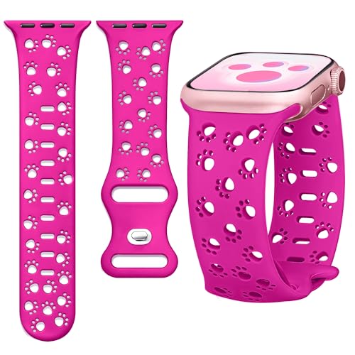 Ocaer Kompatibel mit Apple Watch 49mm 46mm 45mm 44mm 42mm, Weiches Silikon iWatch Armband für Apple Watch Ultra 2/1 Series 10 9 8 7 6 5 4 3 2 1 SE, Katze Hund Pfote Sport Band Damen（Heißes Rosa） von Ocaer