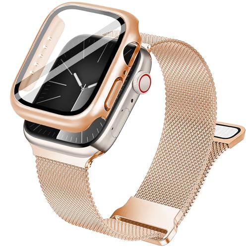 Ocaer Kompatibel mit Apple Watch Armband 41mm mit Hülle, Metall Magnetisch iWatch Armband mit Bildschirmschutz für 41mm Apple Watch Series 9 8 7, Edelstahl Milanese Loop (Rosegold, 41mm mit Hülle) von Ocaer