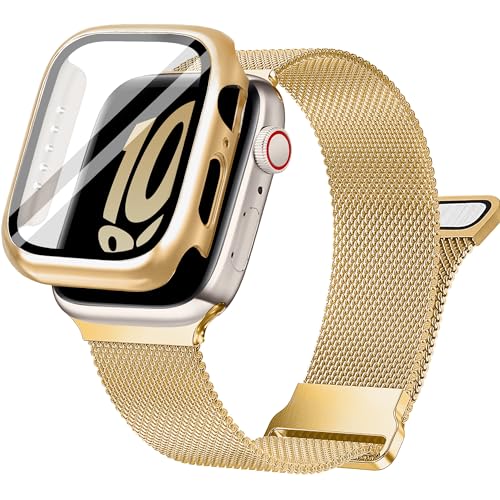 Ocaer Kompatibel mit Apple Watch Armband 44mm mit Hülle, Metall Magnetisch iWatch Armband mit Bildschirmschutz für 44mm Armband Apple Watch SE Series 6 5 4，Edelstahl Mesh Loop (Gold, 44mm) von Ocaer