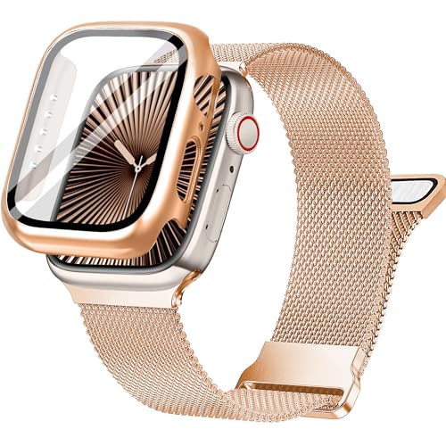 Ocaer Kompatibel mit Apple Watch Armband 44mm mit Hülle, Metall Magnetisch iWatch Armband mit Bildschirmschutz für 44mm Armband Apple Watch SE Series 6 5 4，Edelstahl Mesh Loop (Rosegold, 44mm) von Ocaer