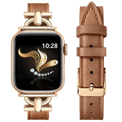 Ocaer Kompatibel mit Apple Watch Armband 49mm 46mm 45mm 44mm 42mm, Schmal Leder Ersatz iWatch Armband für Apple Watch Ultra 2/1 Series 10 9 8 7 6 5 4 3 2 1 SE, Elegant Band für Damen (Braun/Rosegold) von Ocaer