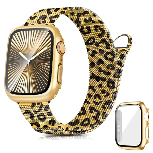 Ocaer Kompatibel mit Apple Watch Armband mit Gehäuse 40mm 41mm 42mm 44mm 45mm 46mm, Metall Magnetisch iWatch Armband für Apple Watch SE Series 10 9 8 7 6 5 4, Edelstahl Mesh Loop,Gold Schwarz Leopard von Ocaer