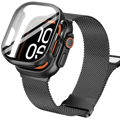 Ocaer Kompatibel mit Apple Watch mit Hülle 49mm 46mm 45mm 44mm 42mm 41mm 40mm, Metall Magnetisches Armband mit Bildschirmschutz für iWatch Series 10 9 8 SE 7 6 5 4 Ultra 2,Edelstahl Milanese,Schwarz von Ocaer