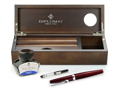 Diplomat Excellence A2 Magma Rot, Edelstahlfeder M, Füllhalter-Set mit Füllertinte im Tintenglas, Tintenkonverter und Stifteablage aus Holz - Wenge, Schreibset von Octopus