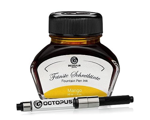 Octopus Fluids Füllhaltertinte im Tintenglas inklusive Konverter, Schreibtinte für Füllhalter, Füllertinte in Mango 30ml mit Tintenkonverter von Octopus