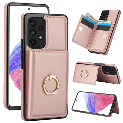 Oduio Handyhülle für Samsung Galaxy A53 5G / 4G [RFID Schutz] Hülle PU Leder Klappbare Geldbeutel mit 360° Drehbarer Ring Halter Ständer Schutzhülle Wallet [Kartenfach] Handytasche Case Cover - Rosa von Oduio