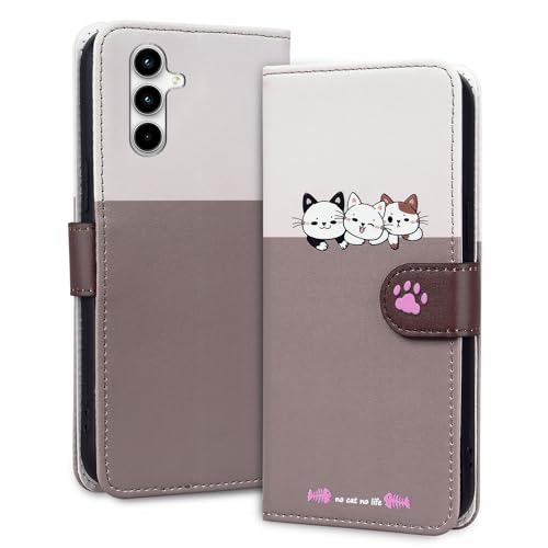 Oduio Handyhülle für Samsung Galaxy A55 5G Hülle Premium PU Leder Flip Case Klappbare Stoßfeste Magnetische mit Kartenfächern und Standfunktion Handytasche, Hellgrau Katze von Oduio