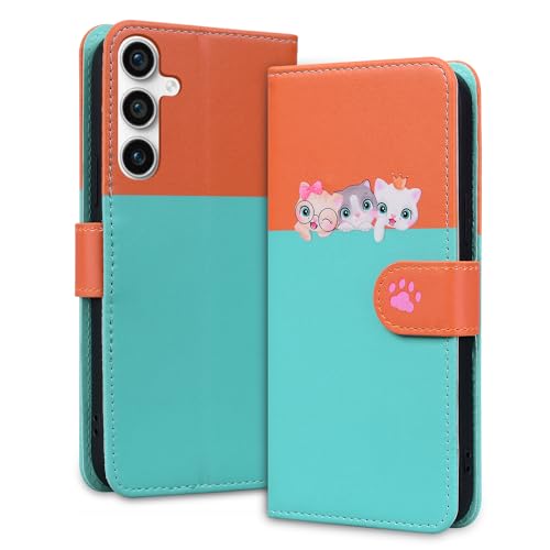 Oduio Handyhülle für Samsung Galaxy S23FE Hülle Premium PU Leder Flip Case Klappbare Stoßfeste Magnetische mit Kartenfächern und Standfunktion Handytasche, Hellgrün Katze von Oduio