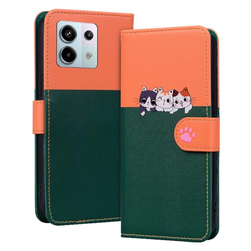 Oduio Handyhülle für Xiaomi Redmi Note 13 Pro 5G/ Poco X6 5G Hülle Premium PU Leder Flip Case Klappbare Stoßfeste Magnetische mit Kartenfächern und Standfunktion Handytasche, Dunkelgrün Katze von Oduio