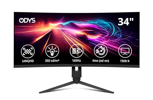 ODYS XP34 PRO - 34 Zoll (86 cm) UWQHD Curved Gaming Monitor (3.440x1.440 Pixel, 165 Hz, 1 ms Reaktionszeit (MPRT), 1500R Radius, AMD FreeSync, HDMI 2.1, Display Port 1.4, 3,5mm Audio) von Odys