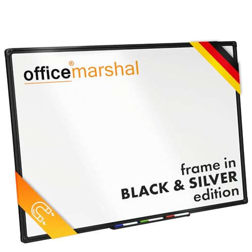 OfficeMarshal Magnettafel Whiteboard 60 x 90 cm mit Alurahmen schwarz | Magnetisches Whiteboard mit Stiftablage | Memoboard Magnetwand trocken abwischbar (schwarzer Rahmen, Onyx) von OfficeMarshal