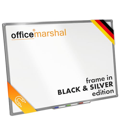 OfficeMarshal Magnettafel Whiteboard 60 x 90 cm mit Alurahmen silber | Magnetisches Whiteboard mit Stiftablage | Memoboard Magnetwand trocken abwischbar (silberner Rahmen) von OfficeMarshal