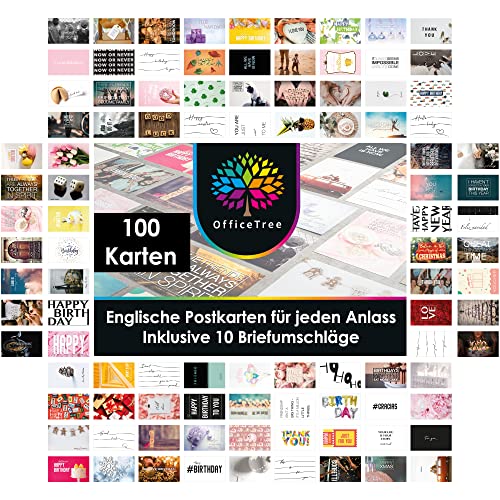 OfficeTree 100x Grußkarten Set A6 mit 10 Umschlägen - Englische Postkarten Sprüche für alle Gelegenheiten mit Hochzeit-, Geburtstags- und Weihnachtspostkarten - Postkarten Set Sprüche - Postcards von OfficeTree