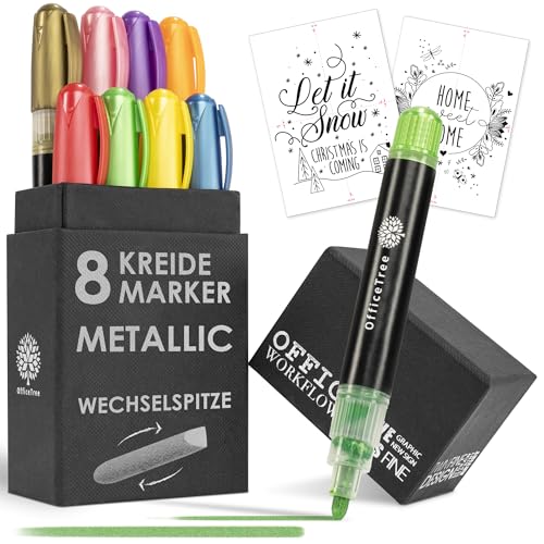 OfficeTree 8x Kreidemarker Metallic - 1mm bis 6mm wechselbare Spitzen - Kreidestifte für Tafel abwaschbar - Kreidestifte für Fenster - Fensterkreide Stifte - Fensterstifte abwaschbar Kinder von OfficeTree