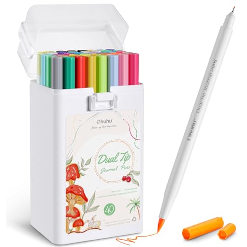 Ohuhu Marker Stifte für Journal: 40 Farben Dual Brush Pen Filzstifte Pinselstifte auf Wasserbasis für Erwachsene Künstler Kalligraphie Zeichnung Manga Handlettering Stifte für Mandalas von Ohuhu