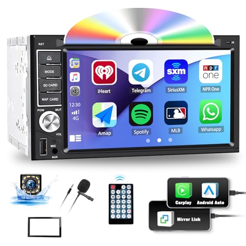 Autoradio 2Din mit CD/DVD MP5 Multimedia Player mit CarPlay Android Auto, 6,2 '' Touchscreen Bildschirm mit Mirror Link/Bluetooth/EQ/Subwoofer/AUX-in/SWC/FM&AM&RDS Radio/USB + Rückfahrkamera von OiLiehu