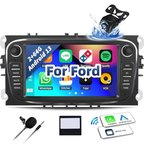 OiLiehu 2G+64G Android 13 Carplay Android Auto Autoradio 2 Din für Ford Focus Mondeo C-MAX S-MAX Galaxy Kuga Autoradio Mit Bildschirm 7 Zoll mit EQ/Bluetooth/SWC/FM RDS/WiFi/GPS/Rückfahrkamera von OiLiehu