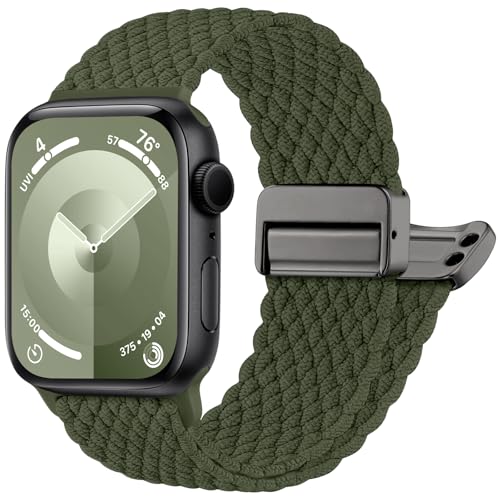 Oielai Geflochten Armband Kompatibel mit Apple Watch Armband 41mm 40mm 38mm 42mm, Elastisch Nylon Armbänder mit Magnet Verschluss für iWatch SE Series 10 9 8 7 6 5 4 3 2 1, ArmeeGrün von Oielai