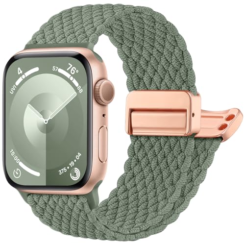 Oielai Geflochten Armband Kompatibel mit Apple Watch Armband 41mm 40mm 38mm 42mm, Elastisch Nylon Armbänder mit Magnet Verschluss für iWatch SE Series 10 9 8 7 6 5 4 3 2 1, KieferGrün von Oielai