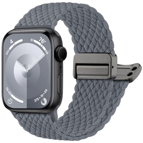 Oielai Geflochten Armband Kompatibel mit Apple Watch Armband 44mm 45mm 42mm 49mm, Elastisch Nylon Armbänder mit Magnet Verschluss für iWatch 9 8 7 SE Ultra 6 5 4 3 2 1, Grau von Oielai