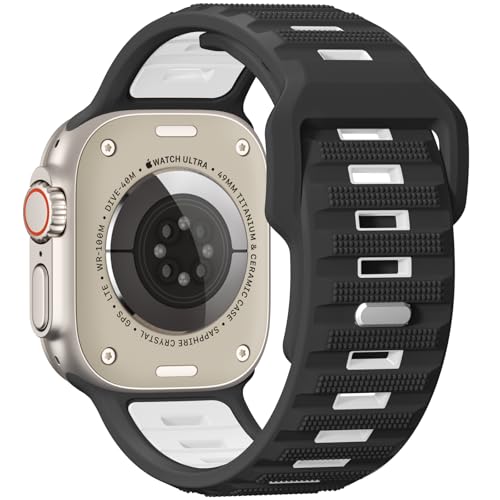 Oielai Sportarmband Kompatibel mit Apple Watch Ultra 2/Ultra Armband, 49mm 46mm 45mm 44mm 42mm für Herren, 26 mm Breites Weiches Silikonarmband für iWatch 10 9 8 7 6 5 4 3 2 1 SE, Schwarz/Weiß von Oielai