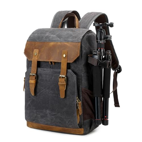 Okeeyseda Batik Canvas Echtes Leder Fotografie Rucksack Multifunktionale SLR Vintage Wasserfesten Outdoor SLR Kamera Tasche Wasserdichtes Leder mit Laptopfach Stativhalter B von Okeeyseda