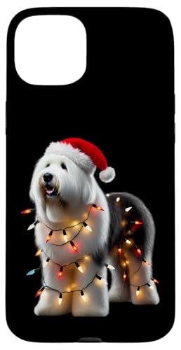 Hülle für iPhone 15 Plus Old English Sheepdog Weihnachtsmütze, Weihnachtsbeleuchtung, Hundebesitzer von Old English Sheepdog Christmas Products