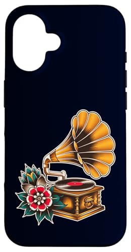 Vintage Grammophone Plattenspieler Old School Tattoo Retro Hülle für iPhone 16 von Old School American Tattoo Art, Music Lover Gift