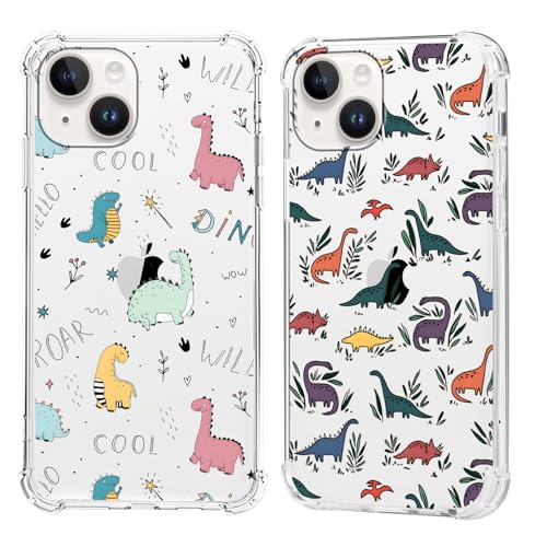 Olgary 2 Stück für iPhone 14 / iPhone 13 6,1 Zoll Hülle mit Cartoon Dinosaurier Niedlich Muster Durchsichtig Handyhülle Motiv, Transparent Hard PC Stoßfest TPU Bumper Dünn Schutzhülle Case von Olgary