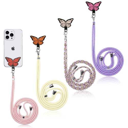 Olgary 4X Kordel + 4X Butterfly Ersatz Einlage Universal Handykette Geeignet für Alle iPhone Sumsung Xiaomi Smartphones, Kette zum Umhängen um Hals & Handgelenk Für Mädchen und Frauen, 1 von Olgary