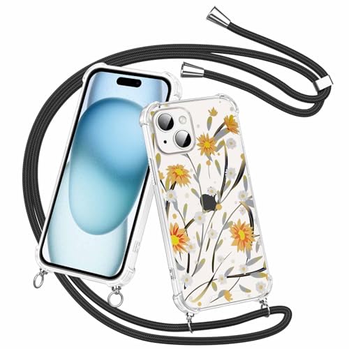 Olgary für iPhone 15 Hülle mit Band, Transparent Handyhülle Blumen Floral Muster mit Handykette zum Umhängen Kette Kordel Necklace, Harter PC Stoßfest Ultra Dünn Schutzhülle Case von Olgary