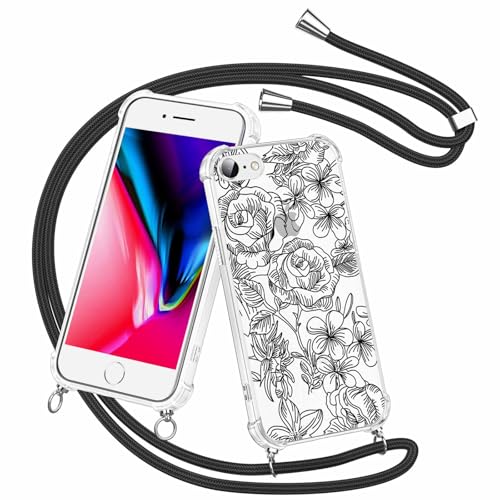 Olgary für iPhone 8/7 / SE 2020 / SE 2022 Hülle mit Band, Transparent Handyhülle Blumen Floral Muster mit Handykette zum Umhängen Kette Kordel Necklace, Harter PC Stoßfest Dünn Schutzhülle Case von Olgary