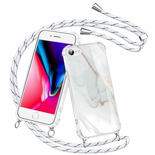 Olgary für iPhone 8/7 / SE 2020 / SE 2022 Hülle mit Band, Transparent Handyhülle Weisser Marmor Muster mit Handykette zum Umhängen Kette Kordel Necklace, Harter PC Stoßfest Dünn Schutzhülle Case von Olgary