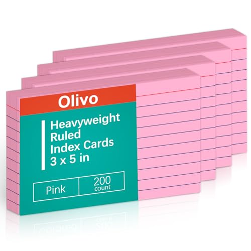 Pinke linierte Karteikarten, 7,6 x 12,7 cm, liniert, 200 Stück, 180 g/m², schwer von Olivo